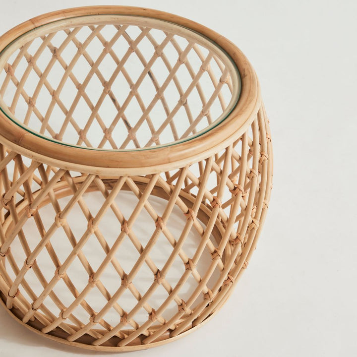 Rattan Side Table with Glass Top