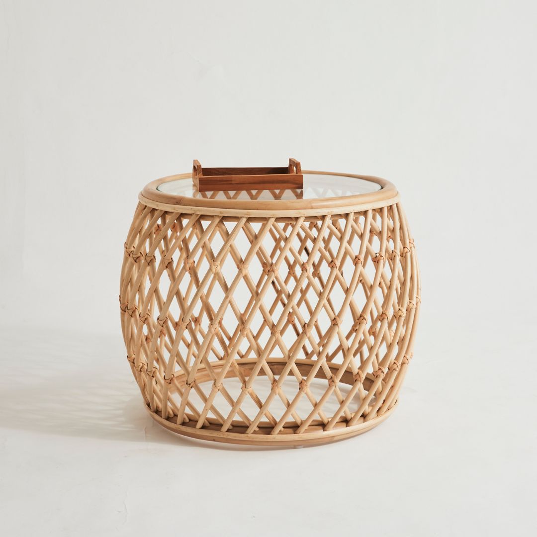 Rattan Side Table with Glass Top