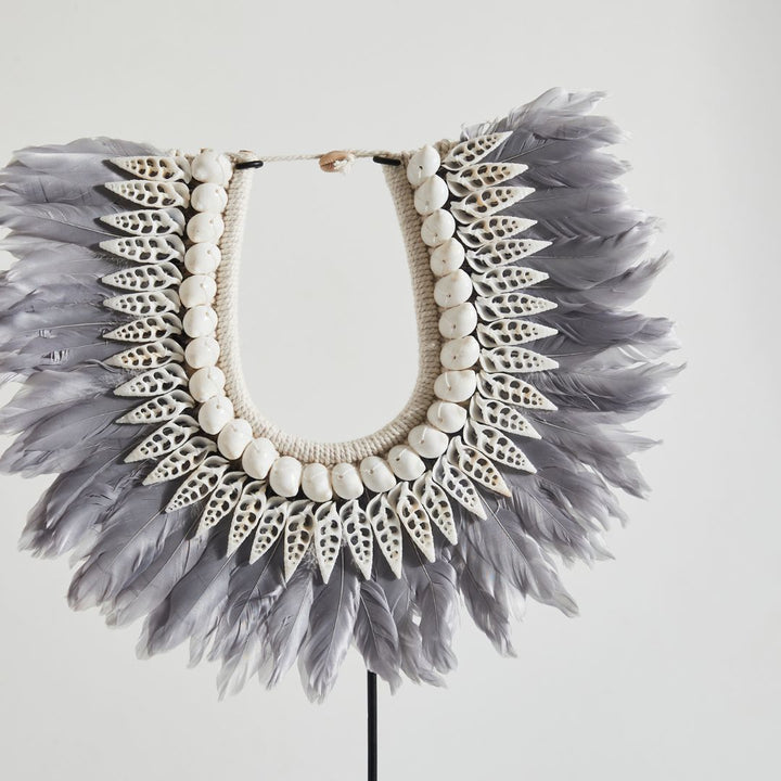 Boho Tribal Feather Necklace on Stand | Grey