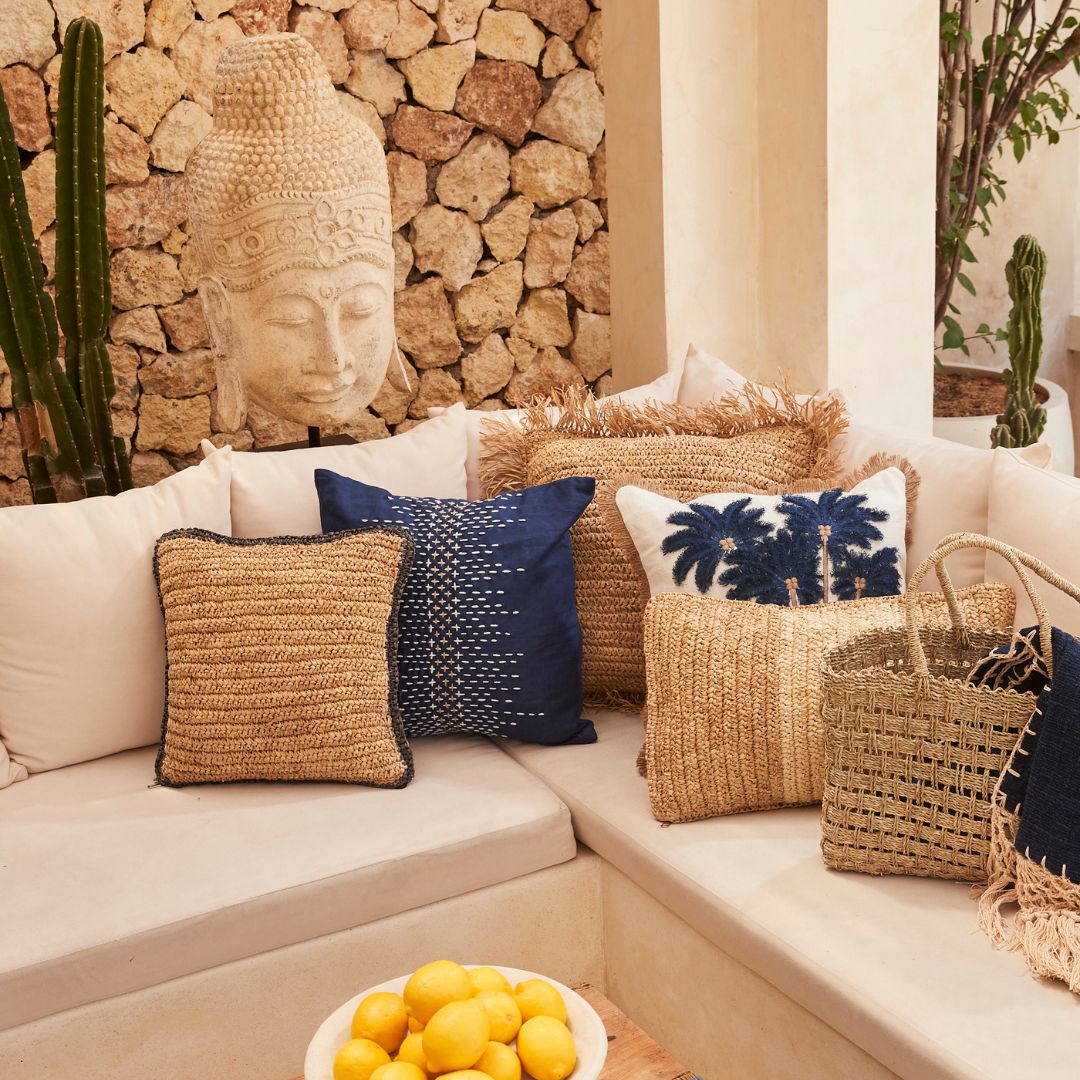 Raffia Cushion with Solid Stripe