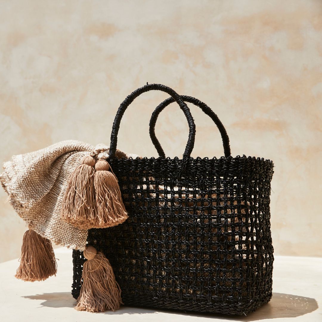 Woven Rattan Tote Bag | Black