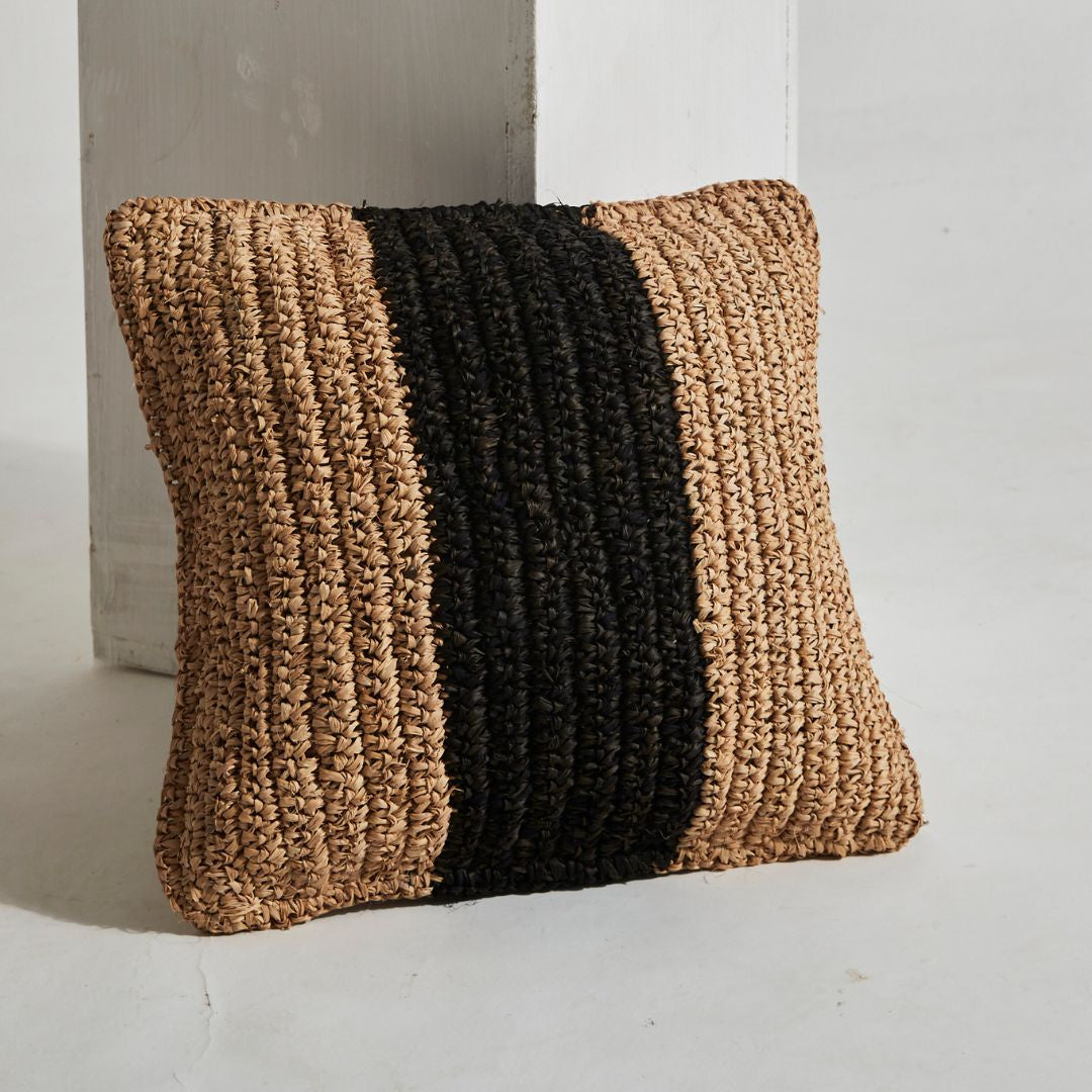 Raffia Cushion with Solid Stripe