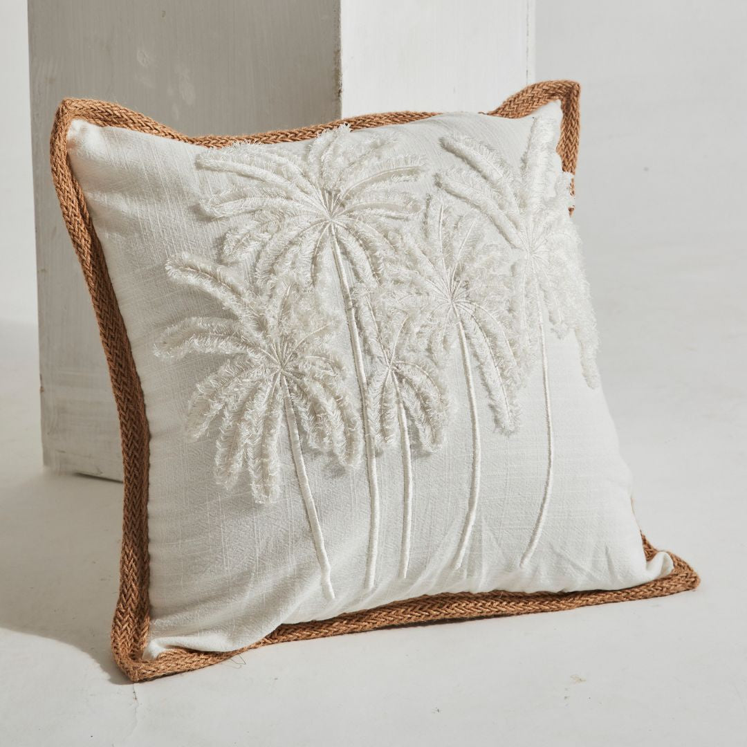 White Palm Cushion with Jute Edging
