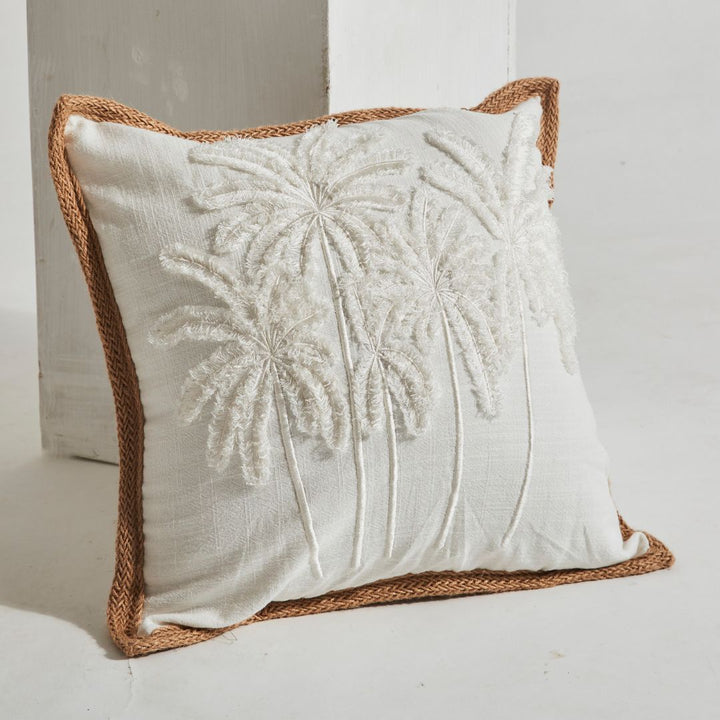 White Palm Cushion with Jute Edging