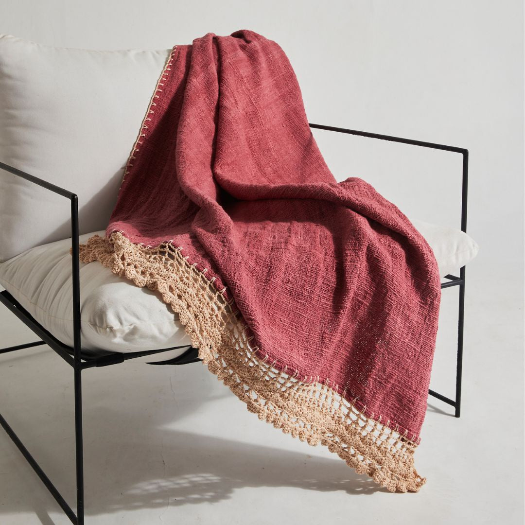 Dusty Pink Cotton Throw with Crochet Edge