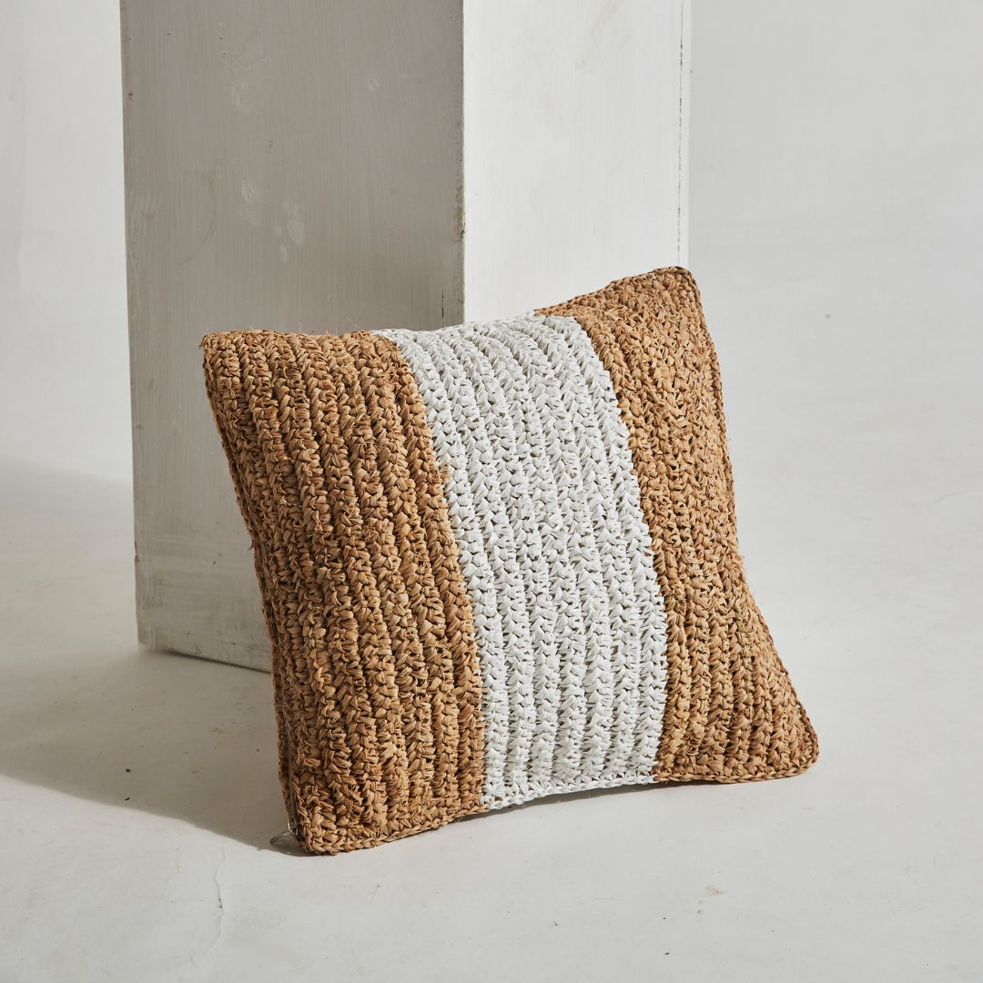 Raffia Cushion with Solid Stripe