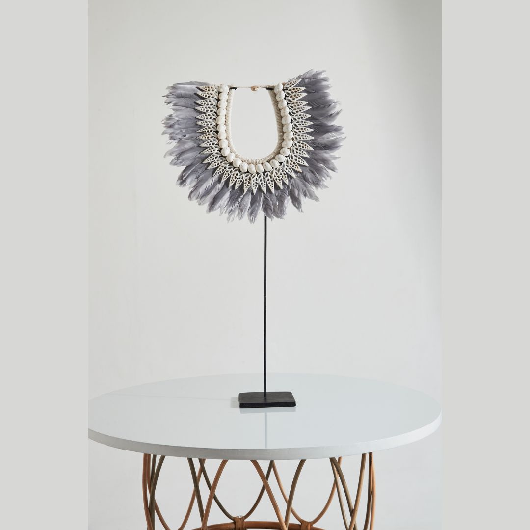 Boho Tribal Feather Necklace on Stand | Grey