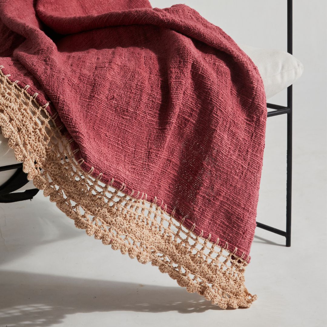 Dusty Pink Cotton Throw with Crochet Edge