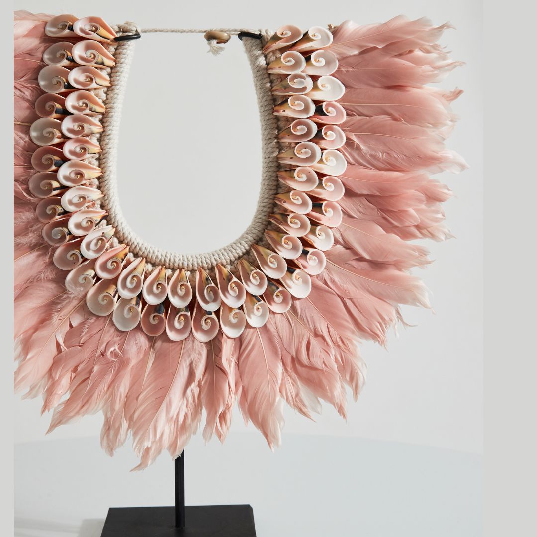 Boho Tribal Feather Necklace on Stand | Pink
