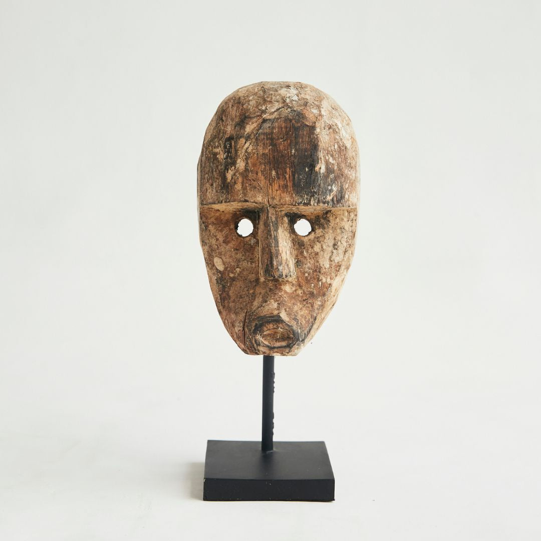 Ancient Wooden Tribal Mask on Stand