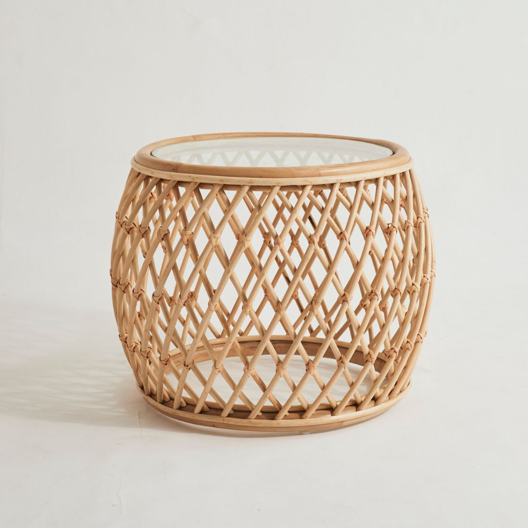 Rattan Side Table with Glass Top