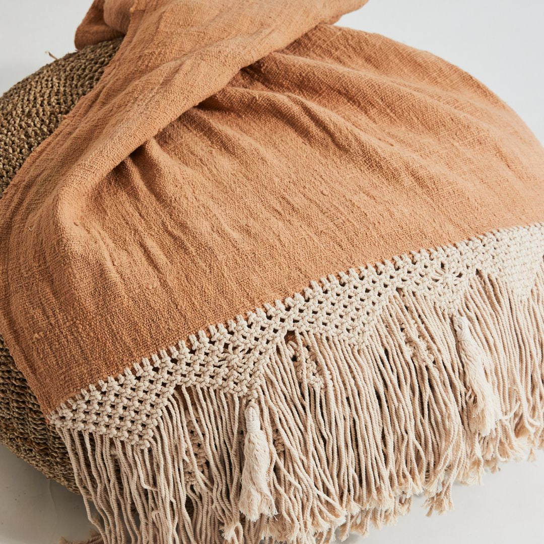 Cotton Throw with Macrame Edge and Tassels