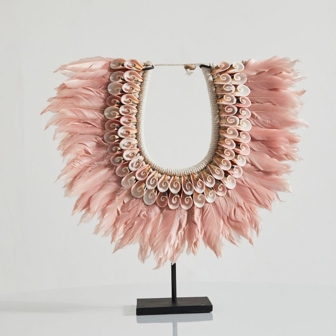 Boho Tribal Feather Necklace on Stand | Pink