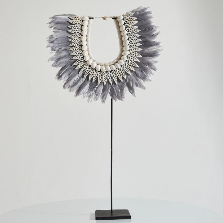 Boho Tribal Feather Necklace on Stand | Grey