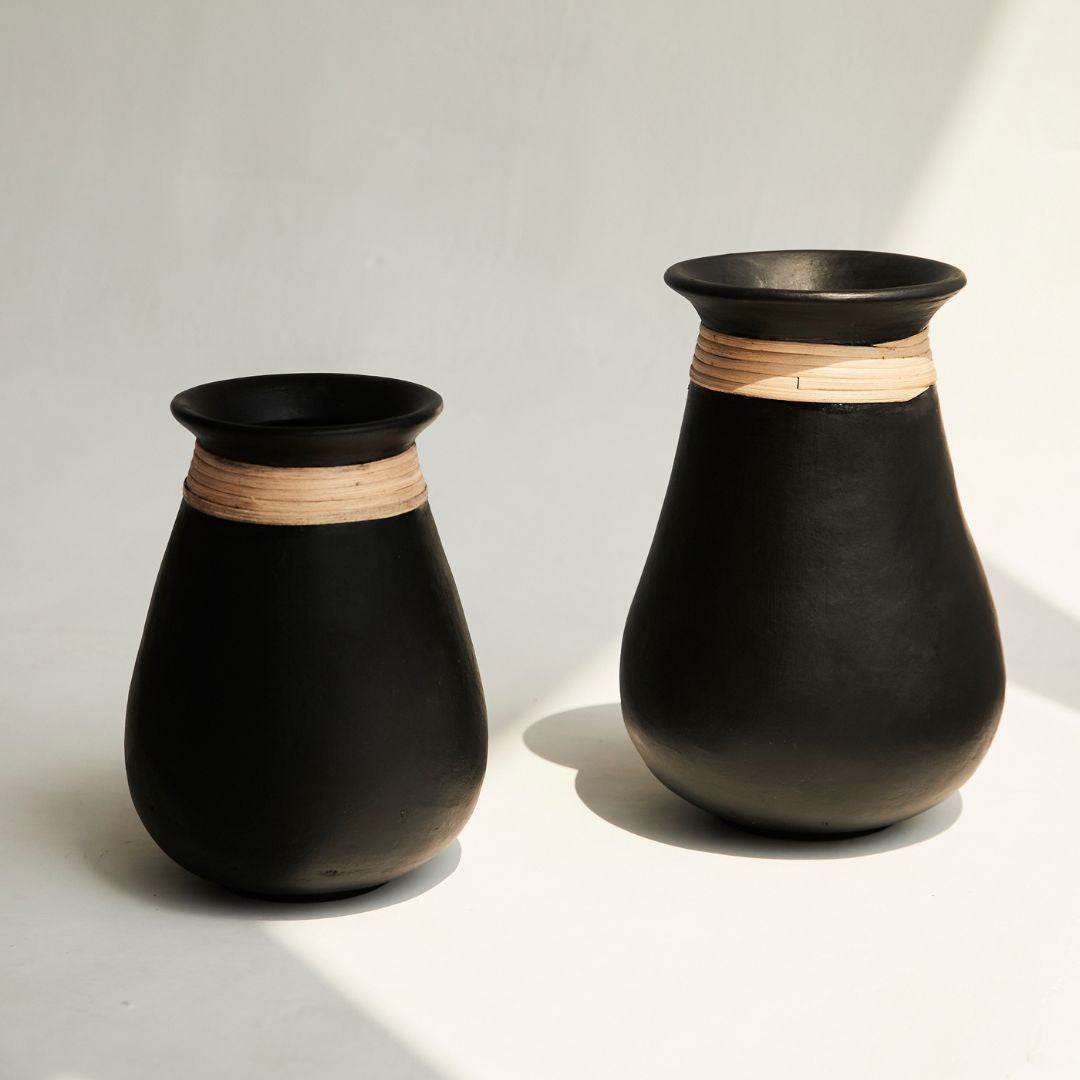 Ceramic Vases | Black with Rattan